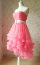 MELON RED Strapless Sweetheart Neck Hi-lo Tiered Tutu Skirt Bridesmaid Dress Cut image 3