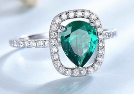 2CT Corte Pera Verde Esmeralda &amp; Diamante Halo Compromiso Anillo 14K Oro Blanco - £95.73 GBP