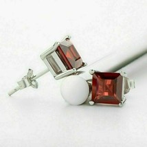 3Ct Princess Cut Red Garnet Solitaire Stud Earrings 14k White Gold Finish - £79.07 GBP