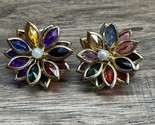 Vintage Lotus Multi Color Cluster Glass Flower Gold Tone Clip On Earring... - $16.82