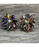 Vintage Lotus Multi Color Cluster Glass Flower Gold Tone Clip On Earring... - €14,60 EUR
