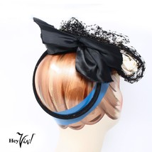 Vintage 1940s Black Tilt Hat w Pink Flowers Black Net Veil and Back Bow ... - £38.36 GBP