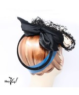 Vintage 1940s Black Tilt Hat w Pink Flowers Black Net Veil and Back Bow ... - £37.74 GBP