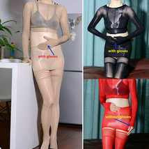 Plus Sheer Oil Shiny Bodysuit Gloves Bodystockings Bodyhose Top+Skirt+Stockings - £13.37 GBP+