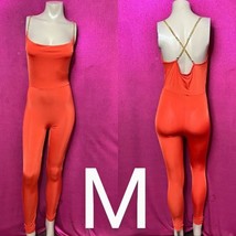 Bright Orange &amp; Gold Chain Straps Stretchy Bodycon Jumpsuit~Size M - £26.59 GBP