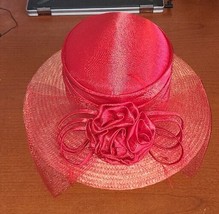 Red Organza Bucket Hat Large Brim Flower Church Elegant Sz. L Women&#39;s - $36.99