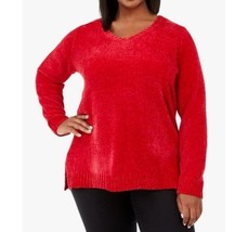 Karen Scott Womens Plus 3X Haute Red Chenille Pullover V Neck Sweater NWT CQ62 - £19.57 GBP