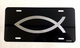 Christian Fish logo Car Tag Diamond Etched on Black Aluminum License Plate - £18.37 GBP