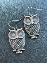 Silvertone Bumpy Owls w Brown Enamel &amp; Turquoise Eyes Dangle Earrings for Pierce - £7.58 GBP