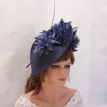 NAVY BLUE  fascinator large  hatinator long Quil Floral Church Derby Ascot Royal - £61.55 GBP