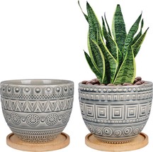 Retro Gray Succulent Planters Indoor Ceramic Geometry Pattern Flower Pots Set Of - £31.35 GBP