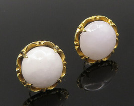 14K GOLD - Vintage Victorian Cabochon Cut Jade Floral Stud Earrings - GE151 - £208.12 GBP