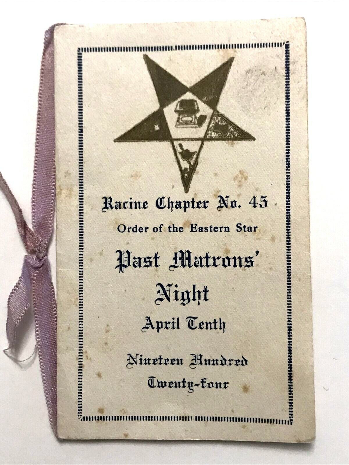 Primary image for 1924 Order of the Eastern Star Racine Chapter No 45 Matron's Night Menu Program