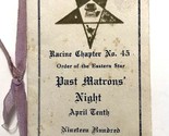 1924 Order of the Eastern Star Racine Chapter No 45 Matron&#39;s Night Menu ... - £16.43 GBP