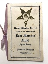 1924 Order of the Eastern Star Racine Chapter No 45 Matron&#39;s Night Menu ... - $20.74