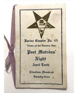 1924 Order of the Eastern Star Racine Chapter No 45 Matron&#39;s Night Menu ... - £16.21 GBP