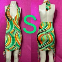 Abstract Print Halter Dress Ruched Side Ties  Size S - $28.99