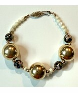 Vintage Bracelet Large Goldtone &amp; Glowy White Beads w/ Cloisonné; Needs ... - $19.99