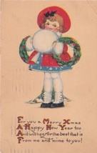 Merry Xmas Child Large Muff Red Hat Wreaths on Arms Christmas 1924 Postcard D06 - £2.34 GBP