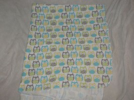 Carter&#39;s Owl Baby Blanket White Blue Green Yellow Gray Flannel Receiving Dot - £17.89 GBP