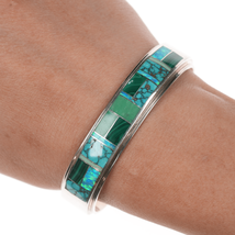 6 3/8&quot; c1990&#39;s Teme Navajo sterling channel inlay cuff bracelet - £236.51 GBP