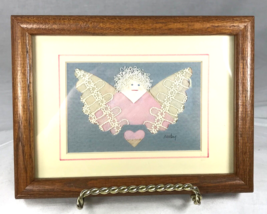 Angel Picture Handmade Signed Ruby Lace Pink Blue Heart Oak Frame Under Glass - $19.34