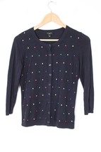 NWOT Talbots P Navy Blue Embroider Dot Cotton Stretch Thin Knit Cardigan Sweater - $34.19