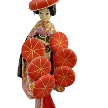 Japanese Geisha Doll Red Gold Purple 13 in Wooden Base Made Japan Vintage - $34.95