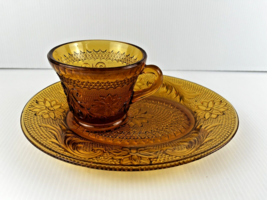Vintage Tiara Indiana Amber Sandwich Set 4 Glass Cup and Plate Set - £12.75 GBP