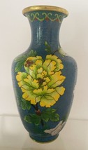 Cloisonne Vase Blue w Yellow White Flowers Bird w Flaw 8-in Tall - £30.99 GBP