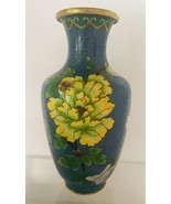 Cloisonne Vase Blue w Yellow White Flowers Bird w Flaw 8-in Tall - $40.09