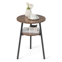 2-Tier Round End Table with Open Shelf and Triangular Metal Frame-Brown - Color - £63.41 GBP