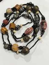 Vintage Carved Wood Brass Beads Necklace Boho Tribal Shaking Sound 59”Long - £66.84 GBP