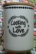 &quot;Cooking With Love&quot; ~ Ceramic/Glass Jar w/Wooden Lid ~ 3.75&quot; Dia x 5.25&quot; Tall - £20.59 GBP