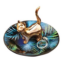 Copper Cat on Palm Leaf Trinket Dish Ceramic Jewelry Ring Holder 4 X 3.5&quot; - £15.65 GBP