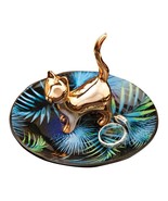 Copper Cat on Palm Leaf Trinket Dish Ceramic Jewelry Ring Holder 4 X 3.5&quot; - £15.81 GBP