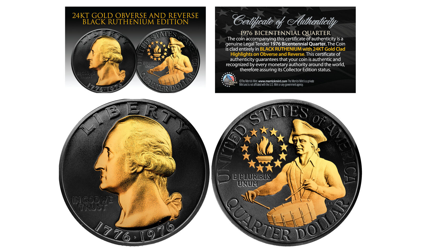 Primary image for 1976 BLACK RUTHENIUM Bicentennial US Quarter Coin w/ 24K GOLD features 2-Sided