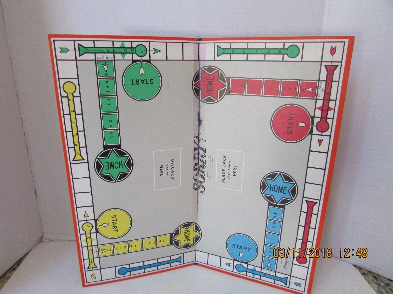 VTG 1950 PARKER BROTHERS SORRY SLIDE BOARD GAME BOARD ONLY STAIN IN CREASE - $4.45
