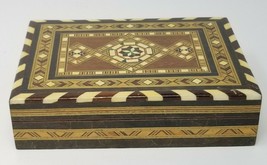 Card Box Handmade Wood Mosaic Brown Cream Green Geometric Angles Divided Vintage - £30.26 GBP