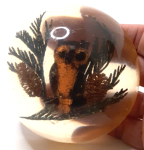 Acrylic Lucite Round Dome Paperweight Owl Pinecones Vintage - £7.50 GBP