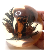 Acrylic Lucite Round Dome Paperweight Owl Pinecones Vintage - £7.38 GBP