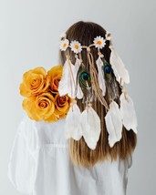 Daisy Headband White Feather Headpieces Boho Hairband Gypsy Headdress Handmade P - £18.26 GBP