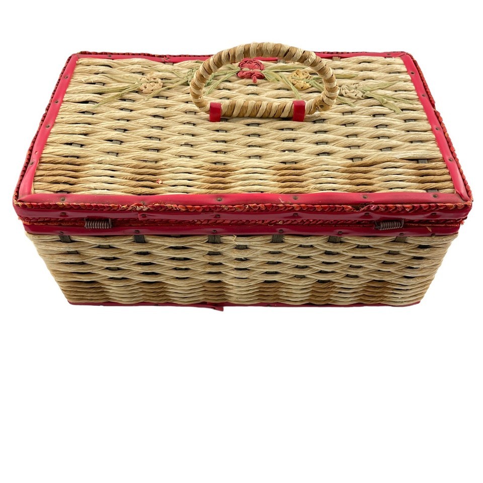 Vintage Woven Sewing Basket w Red Trim Satin Interior Notions Patches Needles Item image 4