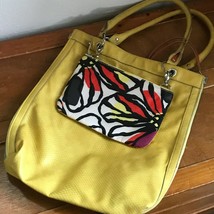 Gently Used Faux Mustard Yellow Leather Floral Lined Diaper Bag Converts into Ch - £10.29 GBP