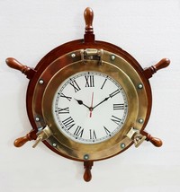 Antique Marine 18&quot; Wooden Ship Wheel Porthole Vintage Clock Nautical Wal... - £61.66 GBP