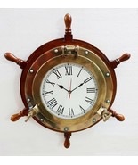Antique Marine 18&quot; Wooden Ship Wheel Porthole Vintage Clock Nautical Wal... - £60.32 GBP