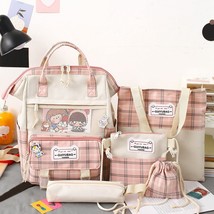 5Pcs School Backpack Preppy Style Aesthetic Ruack Plaid Large Capacity Canvas Ca - £61.07 GBP