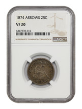 1874 25C NGC VF20 (Arrows) - £119.86 GBP