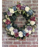 Vintage Hydrangea &amp; Rose Wreath Artificial Flowers 22 Inches Spring Summer - $1,413.49 MXN