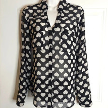 Express Polka-Dot Hearts Button Down Sheer Roll Tab Sleeve Top Blouse Psmall - £12.69 GBP